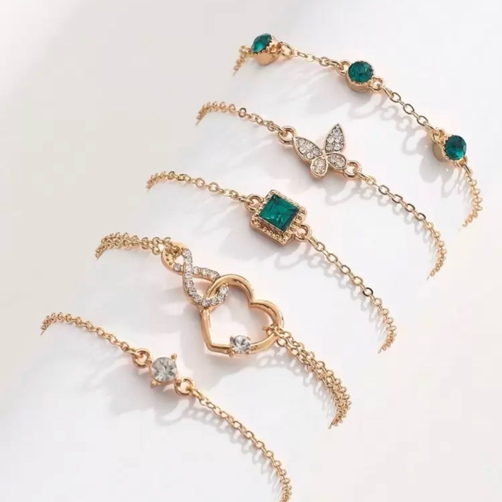 Set of 5 Elegant Gold and Emerald Bracelets - Butterfly and Heart (NEW) - Picture 4 of 4